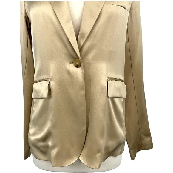 Nili Lotan Sophia Charmeuse Blazer Gold 100% Silk One Button Jacket Size 0 - Picture 3 of 13
